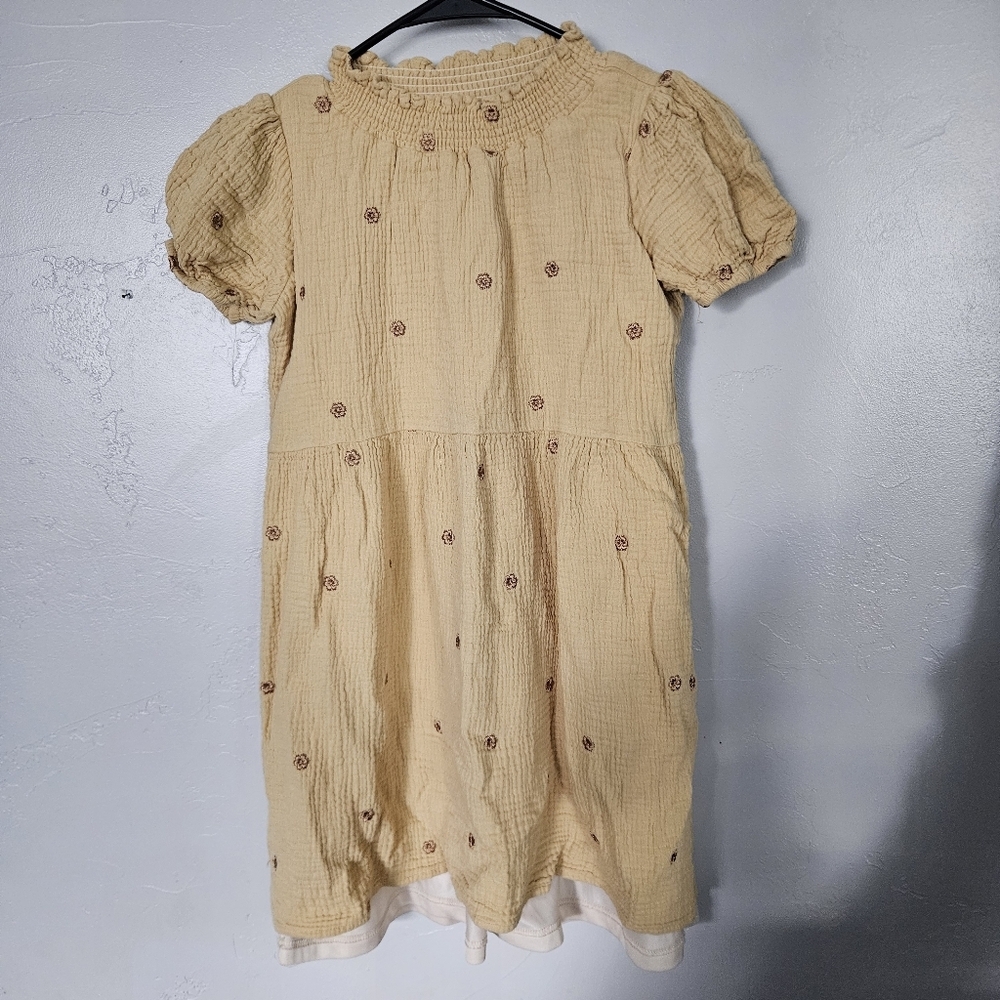 Roolee Girls 9-10 Golden Yellow Tan Dress Embroidered Guazey Cotton Boho Fall